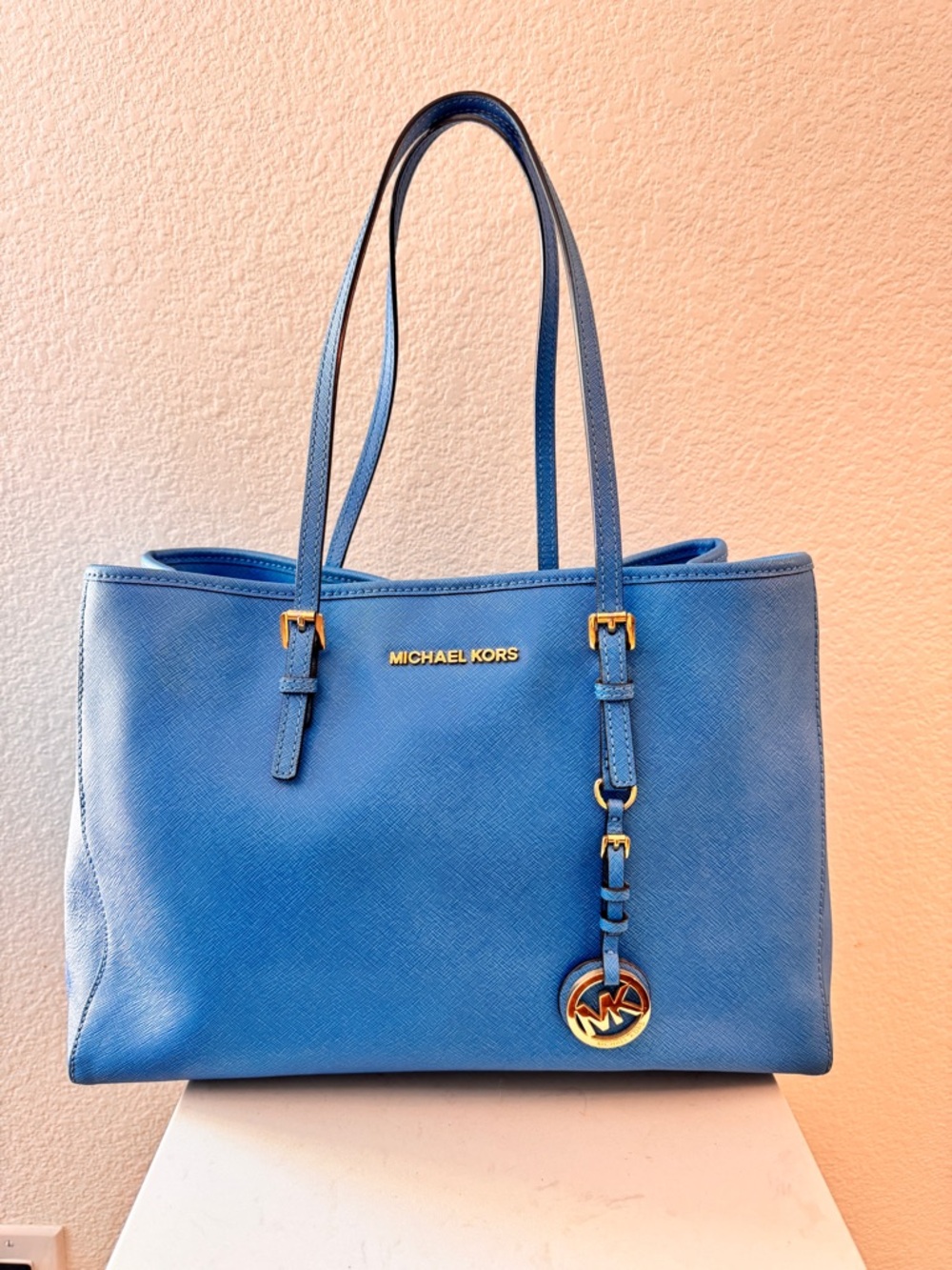 Michael Kors Bright Blue Saffiano Leather Tote with Gold Hardware